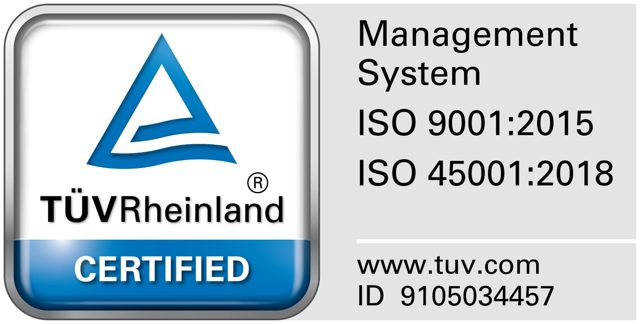 TÜV Rheinland Certified - Management System ISO 9001:2015 and ISO 45001:2018
